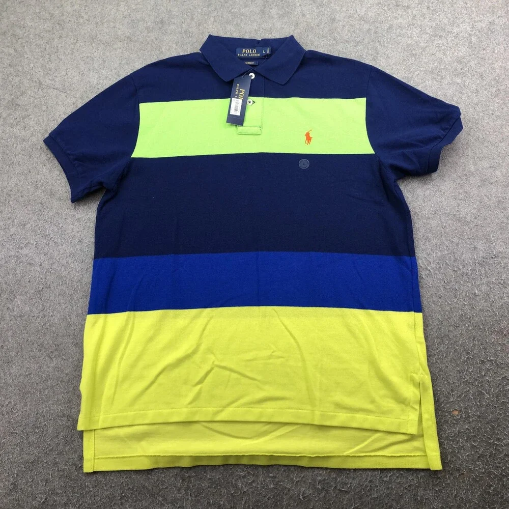 Polo Ralph Lauren Polo Shirt Mens Large Blue Stripe Pony Logo Knit Custom Fit